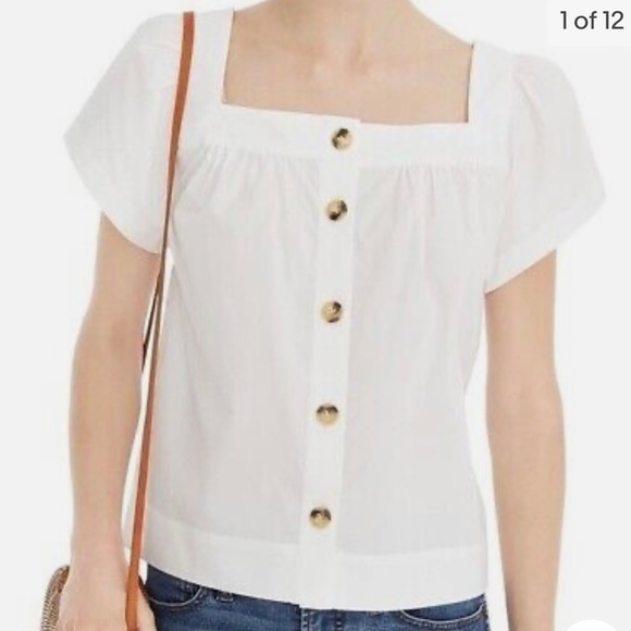 J.Crew Factory Short Sleeve White Blouse Button Detail Front Square Neck Large - Picture 3 of 6